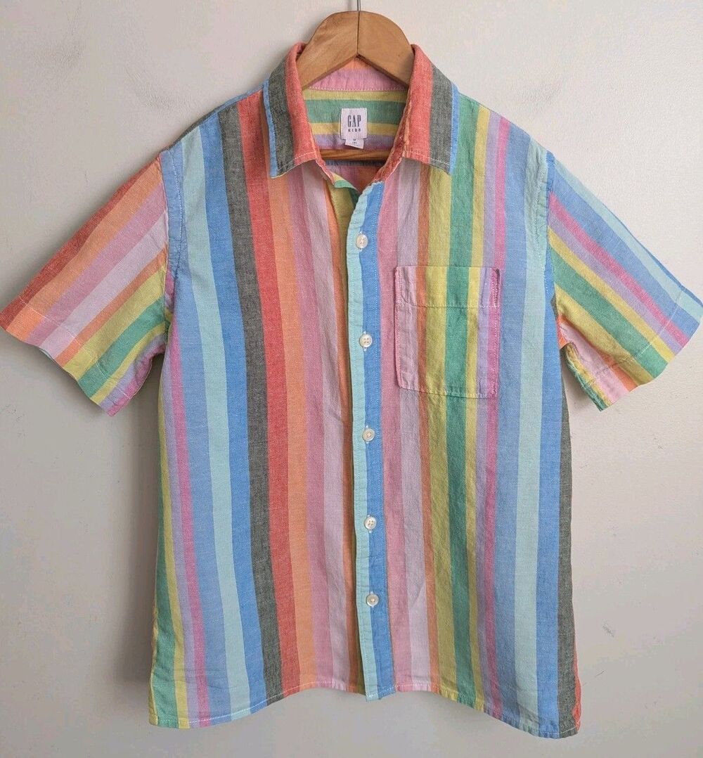 Kids Boys Sz 8 Pastel Rainbow Stripe Shirt Linen Cotton Oxford Short Sleeve